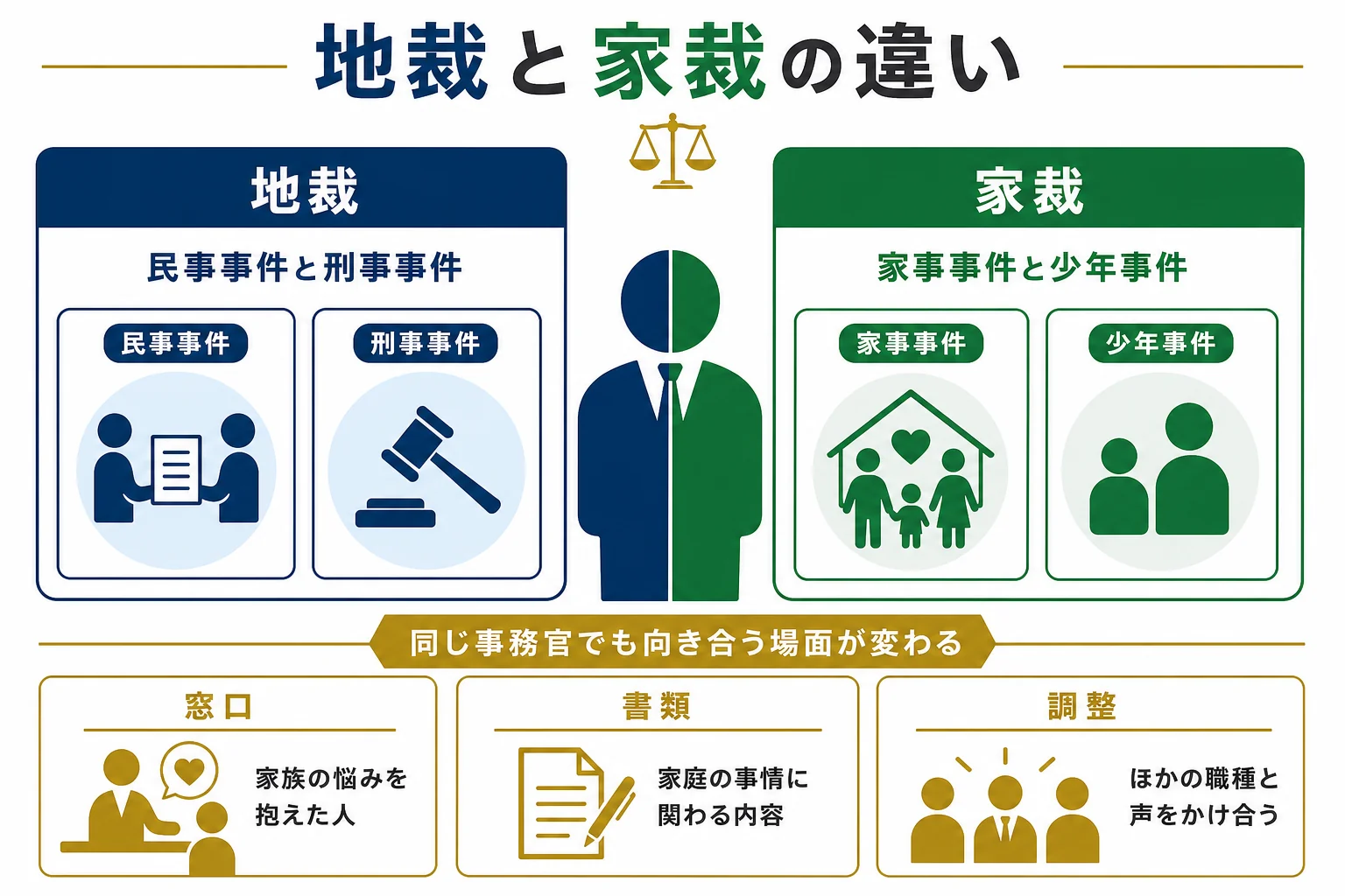 地方裁判所と家庭裁判所の違いを窓口・書類・調整の3つの場面で比べた図解