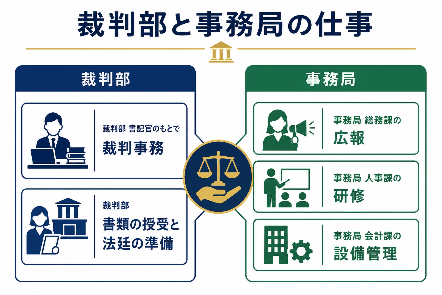 裁判部と事務局で裁判所事務官が担当する仕事を比べた図解