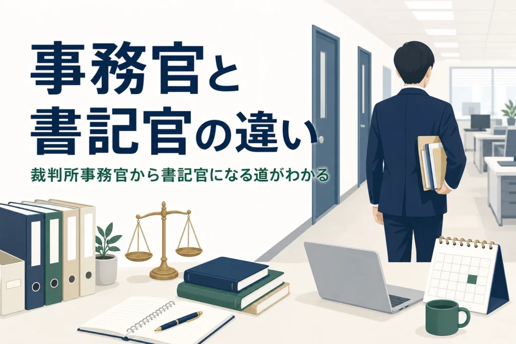 裁判所事務官と書記官・裁判官の違いを解説する記事のアイキャッチ