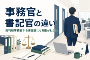 裁判所事務官と書記官・裁判官の違いを解説する記事のアイキャッチ