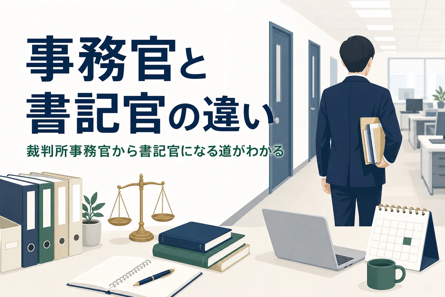 裁判所事務官と書記官・裁判官の違いを解説する記事のアイキャッチ